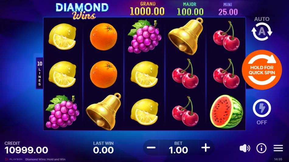 Diamond Wins Hold and Win base game with 5x3 grid and fruit symbols